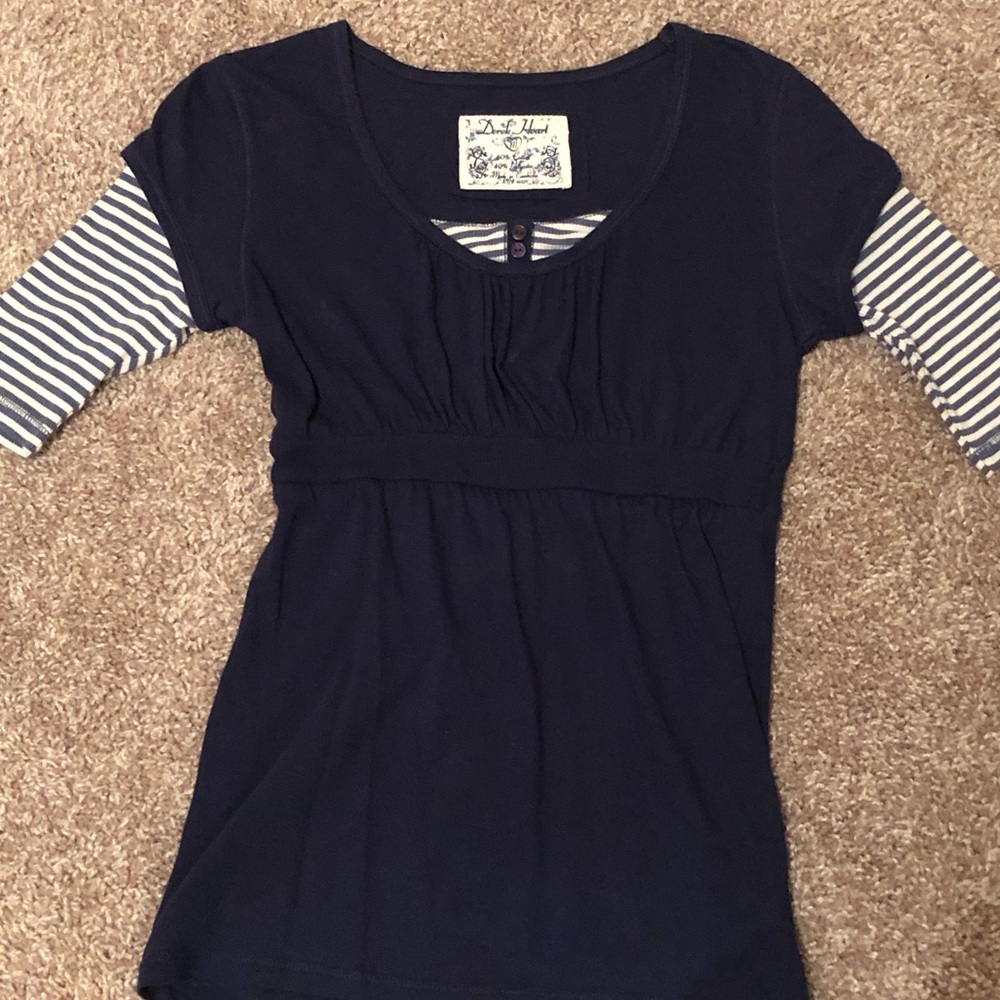 Derek heart 3/4 striped sleeve navy blue&white